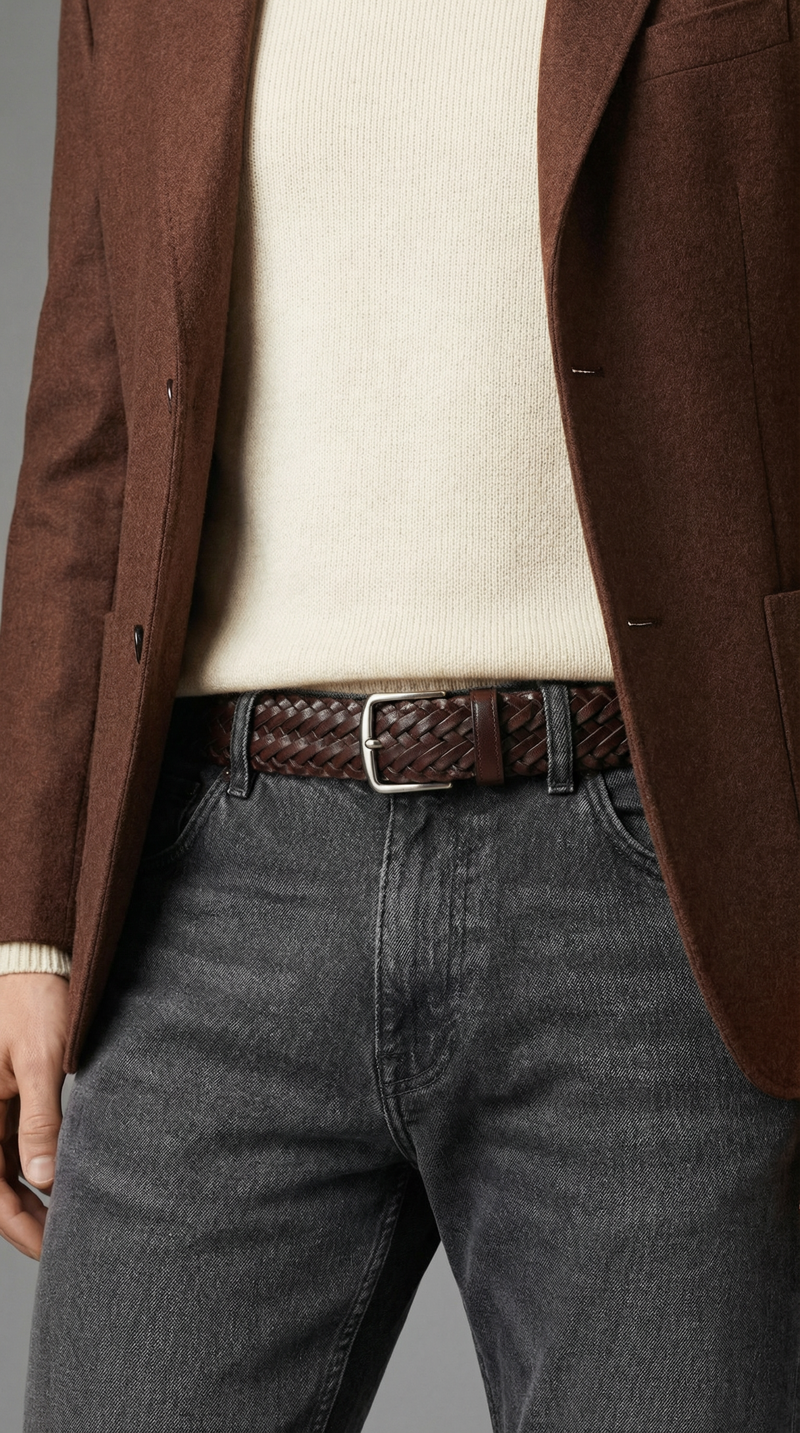 Tünd Qəhvəyi Örgü Dəri Kəmər